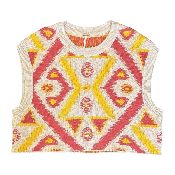 Free People Cyprus Boxy Cropped Aztec Sweater Vest Red/Yellow Women’s Medium - Picture 2 of 5